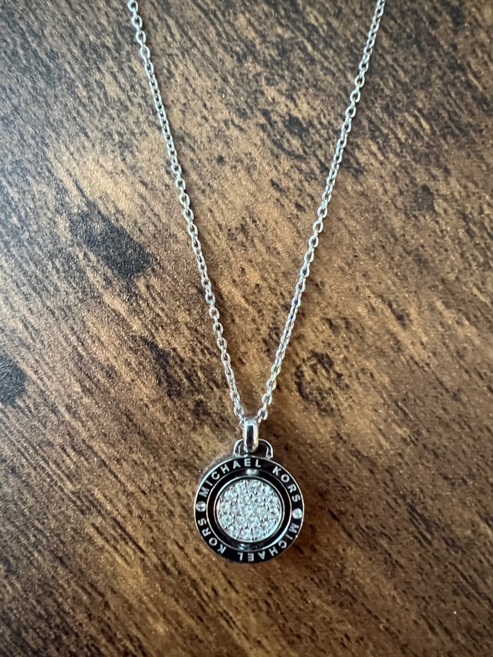 Michael Kors Silver Black Logo Pavé Circle Necklace